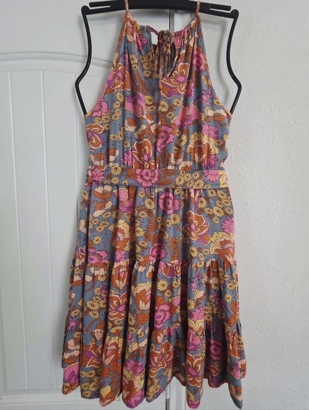SHEIN Floral Boho Halter Mini Dress Size M Retro Pink Orange - Picture 6 of 10